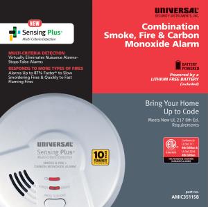   Sensing Plus AMIC3511SB Multi Criteria Combo Smoke, Fire & Carbon Monoxide Alarm With 10 Year Battery